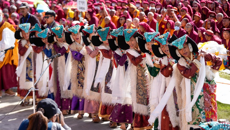 Ladakhi women in traditional dress performing during the prayers for the long life of His Holiness the Dalai Lama at Shewatsel Teaching Ground in Leh, Ladakh, India on July 24, 2023. Photo by Ven Zamling Norbu