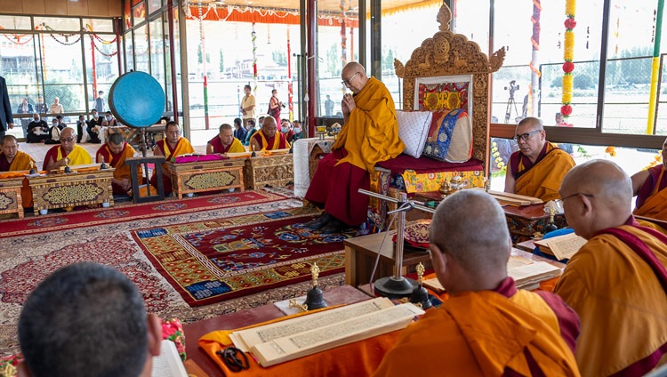 His Holiness the Dalai Lama joining monks reciting a Kalachakra ritual at the Sehewatsel Teaching Ground in Leh, Ladakh, India on July 31, 2023. Photo by Tenzin Choejor