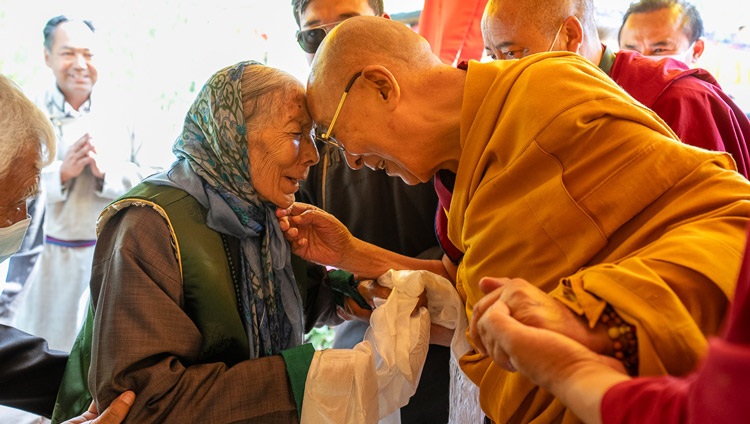 His Holiness the Dalai Lama exchanging greetings with the Stok Gyalmo on his arrival at her residence in Stok, Leh, Ladakh, India on July 31, 2023. Photo by Tenzin Choejor