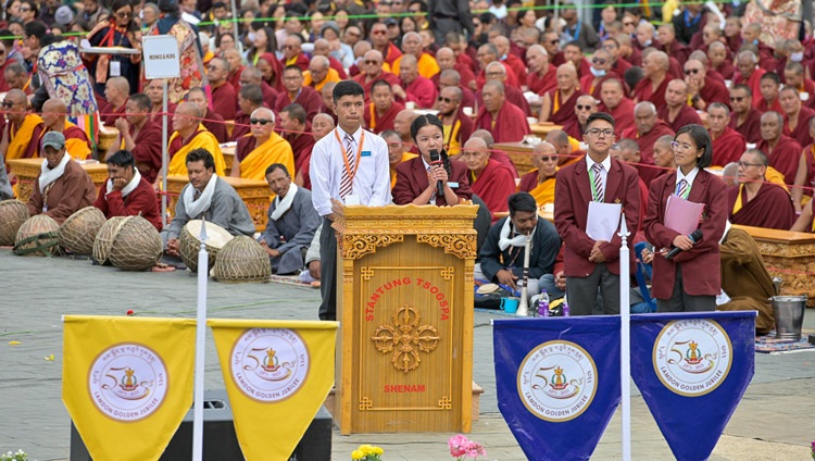 Head Girl Tsering Angmo speaking at the inaugural celebration of Lamdon Model Senior Secondary School's Golden Jubilee and its hosting of the Great Summer Debate in Leh, Ladakh, India on August 7, 2023. Photo by Ven Zamling Norbu