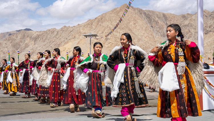 Students performing a traditional song and dance presentation during Lamdon Model Senior Secondary School's Golden Jubilee Celebration in Leh, Ladakh, India on August 7, 2023. Photo by Tenzin Choejor