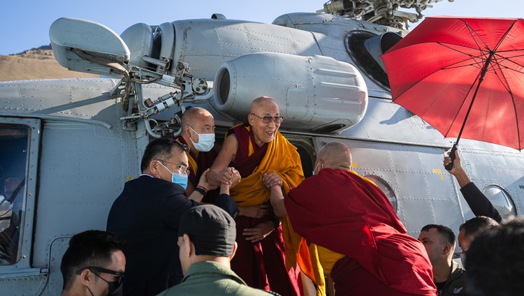 His Holiness the Dalai Lama arriving at the helipad near the teaching ground in Khaltse, Ladakh, India on August 18, 2023. Photo by Tenzin Choejor