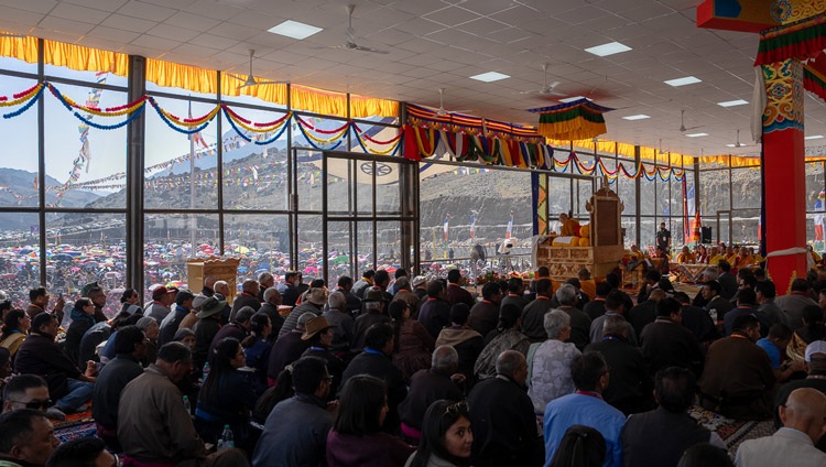 A view from inside the teaching ground pavilion during His Holiness the Dalai Lama's teachings in Khaltse, Ladakh, India on August 19, 2023. Photo by Tenzin Choejor