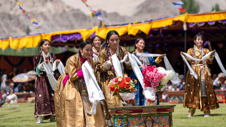 Local women performing a welcome song for His Holiness the Dalai Lama at the start of the farewell lunch at the Abispang garden of Spituk monastery in Leh, Ladakh, India on August 23, 2023. Photo by Tenzin Choejor