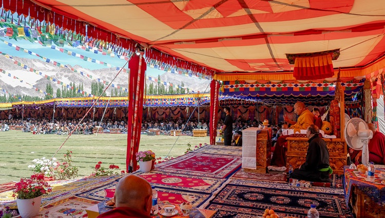 His Holiness the Dalai Lama addressing the gathering at the Abispang garden of Spituk monastery in Leh, Ladakh, India on August 23, 2023. Photo by Tenzin Choejor