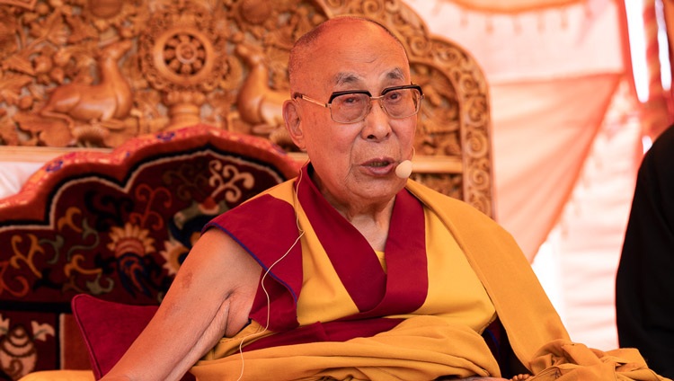 His Holiness the Dalai Lama speaking at the farewell lunch in his honor at the Abispang garden of Spituk monastery in Leh, Ladakh, India on August 23, 2023. Photo by Tenzin Choejor
