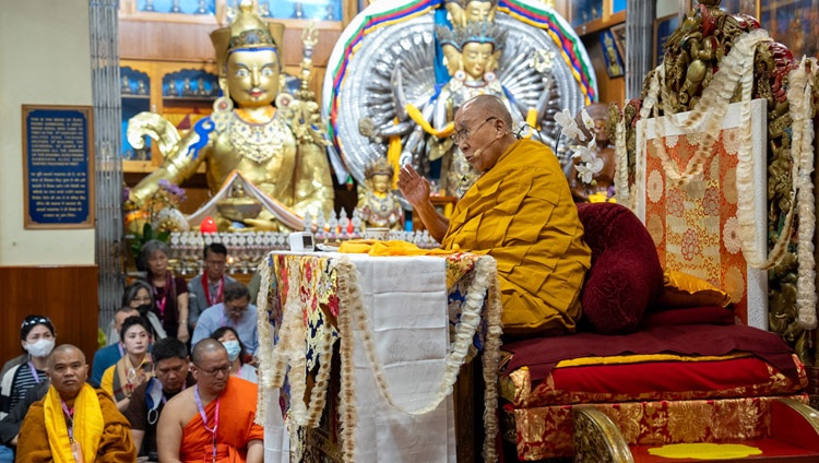 His Holiness the Dalai Lama speaking on the first day of teachings at the request of Southeast Asians at the Main Tibetan Temple in Dharamsala, HP, India on September 5, 2023. Photo by Tenzin Choejor