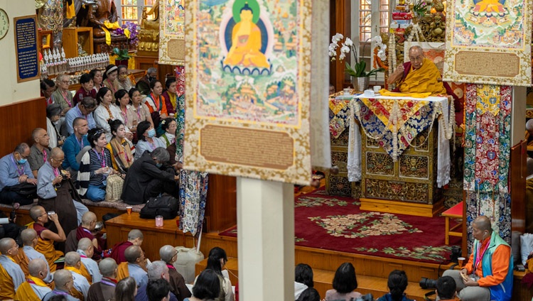 His Holiness the Dalai Lama addressing the congregation on the first day of teachings at the request of Southeast Asians at the Main Tibetan Temple in Dharamsala, HP, India on September 5, 2023. Photo by Tenzin Choejor