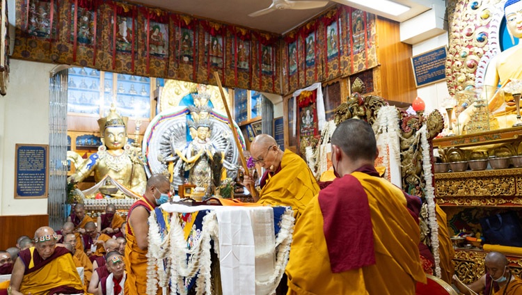 His Holiness the Dalai Lama conferring a Chenrezig empowerment on the third day of teachings requested by Taiwanese at the Main Tibetan Temple in Dharamsala, HP, India on October 4, 2023. Photo by Tenzin Choejor