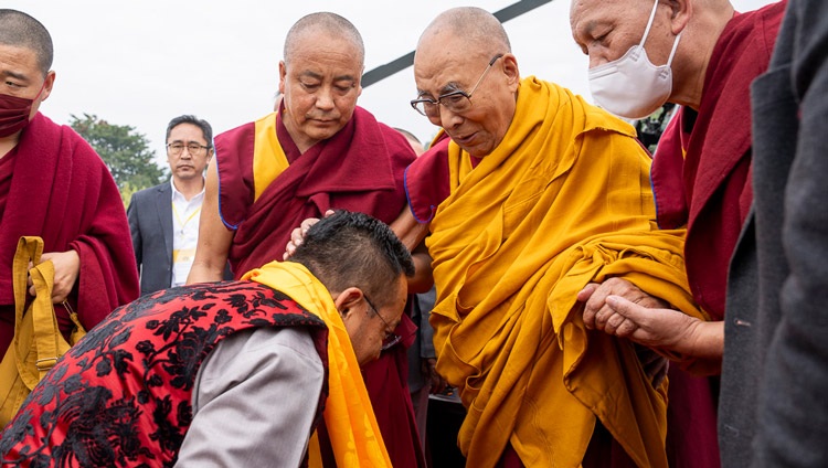 His Holiness the Dalai Lama greeting Sikkim Chief Minister Shri Prem Singh Tamang on his arrival in Gangtok, Sikkim, India on December 11, 2023. Photo by Tenzin Choejor