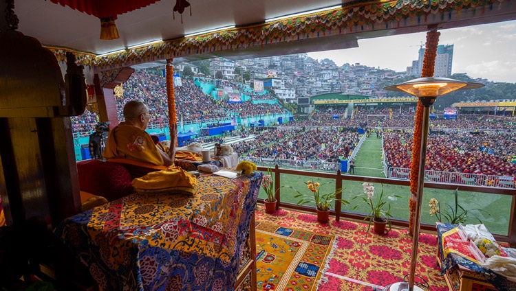 His Holiness the Dalai Lama addressing the gathering of over 40,000 at Paljor Stadium in Gangtok, Sikkim, India on December 12, 2023. Photo by Tenzin Choejor