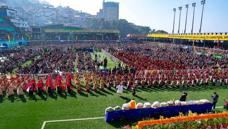 Members of the Tibetan community of Sikkim performing in traditional regional dress during the Long Life Prayer offering for His Holiness the Dalai Lama at Paljor Stadium in Gangtok, Sikkim, India on December 12, 2023. Photo by Tenzin Choejor