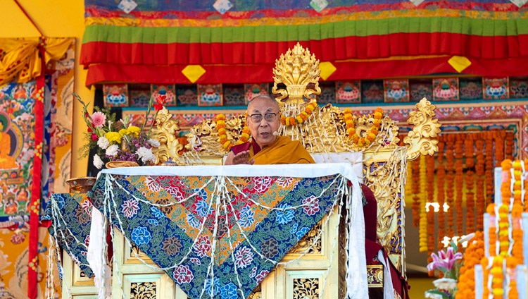 His Holiness the Dalai Lama addressing the crowd of 30,000 at Sed-Gyued Monastery in Salugara, West Bengal, India on December 14, 2023. Photo by Tenzin Choejor