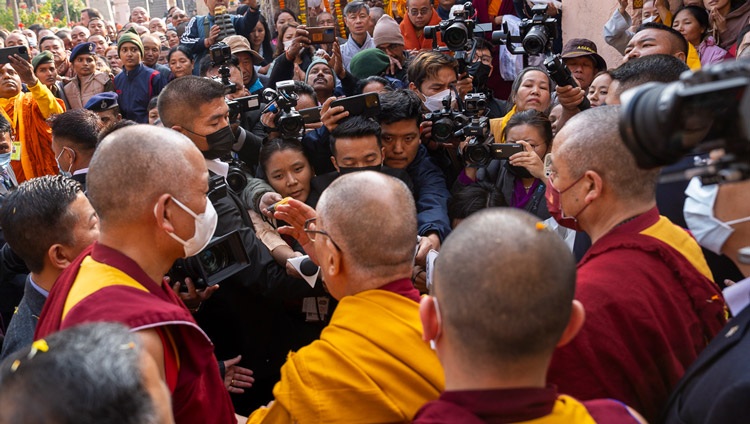 His Holiness the Dalai Lama speaking to members of the media at the Mahabodhi Temple in Bodhgaya, Bihar, India on December 16, 2023. Photo Tenzin Choejor