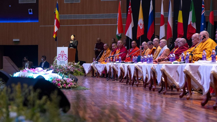 Secretary of the International Sangha Forum Ms Wee Nee Ng welcoming the participants and guests to the first International Sangha Forum at the International Convention Centre Bodhgaya in Bodhgaya, Bihar, India on December 20, 2023. Photo by Tenzin Choejor