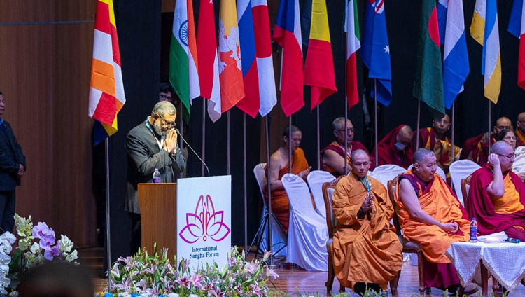Director General of the International Buddhist Confederation (IBC) Abhijit Halder speaking at the inauguration of the first International Sangha Forum at the International Convention Centre Bodhgaya in Bodhgaya, Bihar, India on December 20, 2023. Photo by Tenzin Choejor
