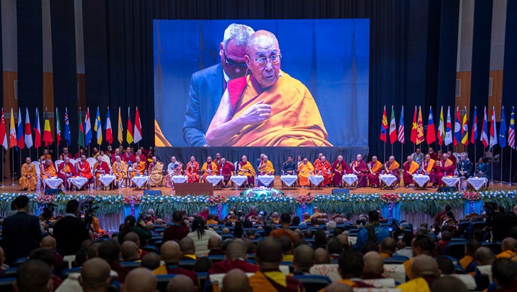 His Holiness the Dalai Lama addressing the inaugural session of the first International Sangha Forum at the International Convention Centre Bodhgaya in Bodhgaya, Bihar, India on December 20, 2023. Photo by Tenzin Choejor