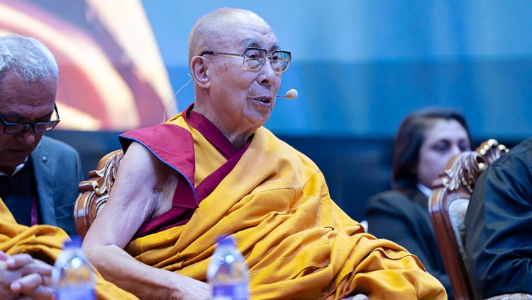 His Holiness the Dalai Lama speaking at the inauguration of the first International Sangha Forum at the International Convention Centre Bodhgaya in Bodhgaya, Bihar, India on December 20, 2023. Photo by Tenzin Choejor