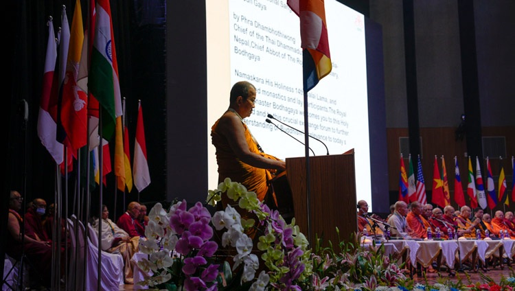 Phra Dhambodhivong, Chief Abbot of the Royal Thai Monastery, Bodhgaya, representing the Thai Sangharaja and the royal family, Thailand, greeting His Holiness the Dalai Lama and and participants of the first International Sangha Forum at the International Convention Centre Bodhgaya in Bodhgaya, Bihar, India on December 20, 2023. Photo by Tenzin Choejor