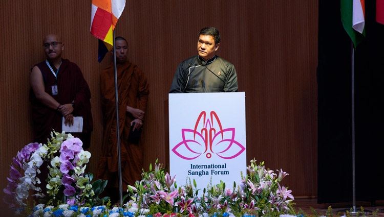 Shri Pema Khandu, Hon Chief Minister of Arunachal Pradesh, India, addressing the inaugural session of the first International Sangha Forum at the International Convention Centre Bodhgaya in Bodhgaya, Bihar, India on December 20, 2023. Photo by Tenzin Choejor