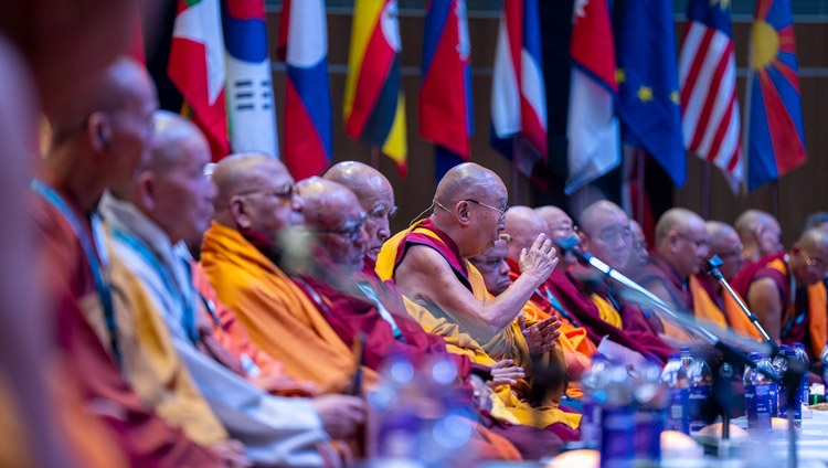 His Holiness the Dalai Lama delivering his closing remarks at the inaugural session of the first International Sangha Forum at the International Convention Centre Bodhgaya in Bodhgaya, Bihar, India on December 20, 2023. Photo by Tenzin Choejor
