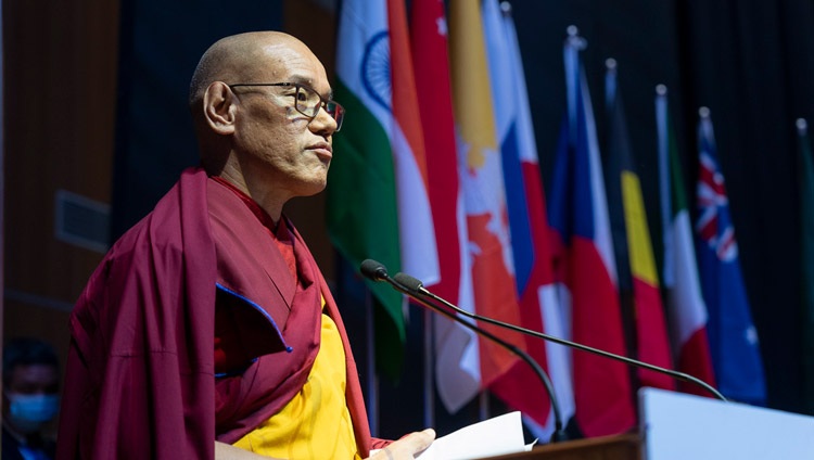 Ven Khensur Jangchub Choeden, Secretary General IBC, offering words of thanks at the conclusion of the inaugural session of the first International Sangha Forum at the International Convention Centre Bodhgaya in Bodhgaya, Bihar, India on December 20, 2023. Photo by Tenzin Choejor