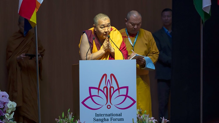 Shadjin Lama, Geshé Tenzin Chödak, Head Lama of the Kalmyk Buddhists of Kalmykia, Russia speaking at the inaugural session of the first International Sangha Forum at the International Convention Centre Bodhgaya in Bodhgaya, Bihar, India on December 20, 2023. Photo by Ven Zamling Norbu