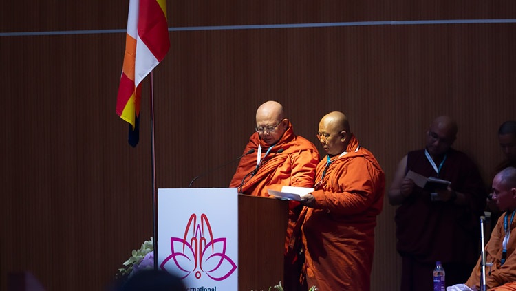 Ven Kumdin Na, Member of the State Sanghamahayanayaka, Yangon and Deputy Sangharaja of Myanmar, offering greetings at the inaugural session of the first International Sangha Forum at the International Convention Centre Bodhgaya in Bodhgaya, Bihar, India on December 20, 2023. Photo by Ven Zamling Norbu