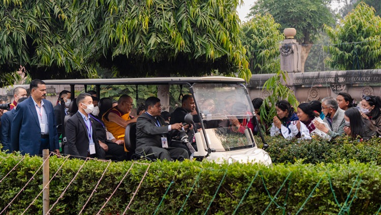 His Holiness the Dalai Lama arriving at the Mahabodi Temple to join in prayers for world peace in Bodhgaya, Bihar, India on December 23, 2023. Photo by Tenzin Choejor