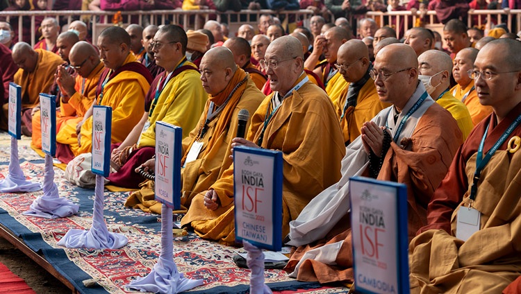Sangha members of eleven different countries taking turns chanting prayers for world peace at the Mahabohdi Temple in Bodhgaya, Bihar, India on December 23, 2023. Photo by Tenzin Choejor