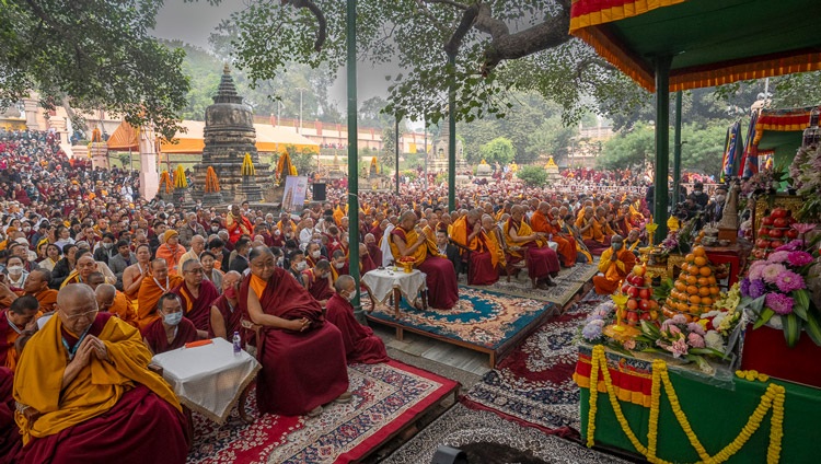 A view of the crowd gathered to join in prayers for world peace at the Mahabodhi Temple in Bodhgaya, Bihar, India on December 23, 2023. Photo by Tenzin Choejor