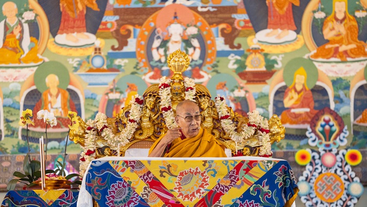 His Holiness the Dalai Lama addressing the crowd on the first day of teachings at the Kalachakra Ground in Bodhgaya, Bihar, India on December 29, 2023. Photo by Tenzin Choejor