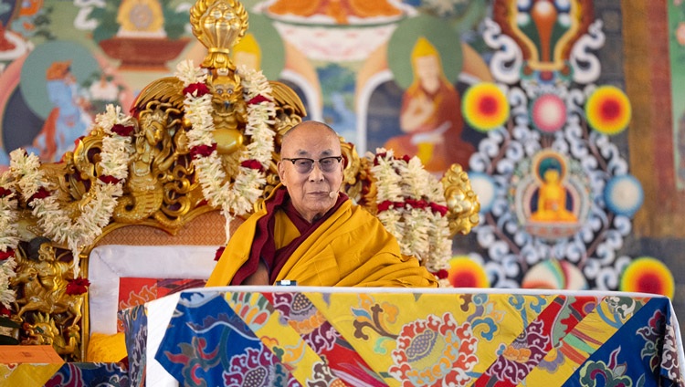 His Holiness the Dalai Lama addressing the crowd gathered at the Kalachakra Ground to attend the second day of teachings in Bodhgaya, Bihar, India on December 30, 2023. Photo by Tenzin Choejor
