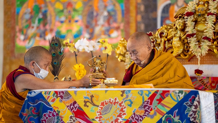 His Holiness the Dalai Lama granting the permission of Manjushri on the third day of teachings at the Kalachakra Ground in Bodhgaya, Bihar, India on December 31, 2023. Photo by Tenzin Choejor