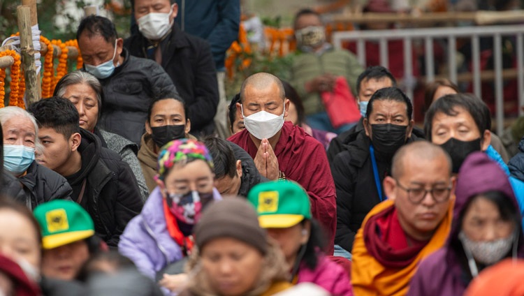 Members of the crowd listening to His Holiness the Dalai Lama on the third day of teachings at the Kalachakra Ground in Bodhgaya, Bihar, India on December 31, 2023. Photo by Ven Zamling Norbu