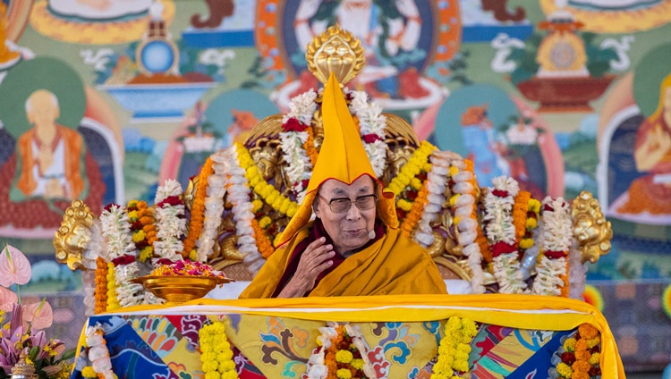 His Holiness the Dalai Lama addressing the crowd during the Long Life Ceremony at the Kalachakra Ground in Bodhgaya, Bihar, India on January 1, 2024. Photo by Ven Zamling Norbu