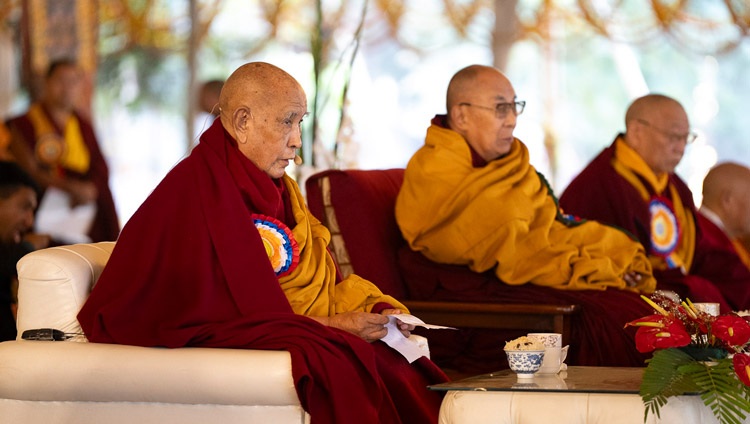 Ganden Tri Rinpoché speaking at the Gelukpa University Convocation and the Award of Geshé Lharampa Degrees at the Kalachakra Ground in Bodhgaya, Bihar, India on January 3, 2024. Photo by Tenzin Choejor