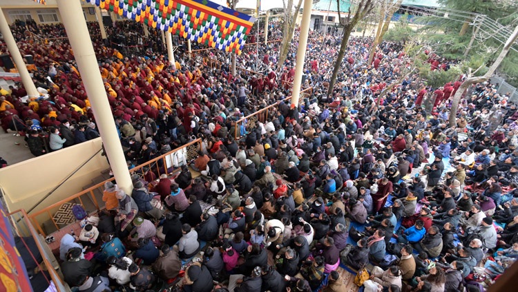 A view of the crowd of 8000 gathered at the main Tibetan Temple courtyard to attend the teachings of His Holiness the Dalai Lama in Dharamsala, HP, India on February 24, 2024. Photo by Ven Zamling Norbu