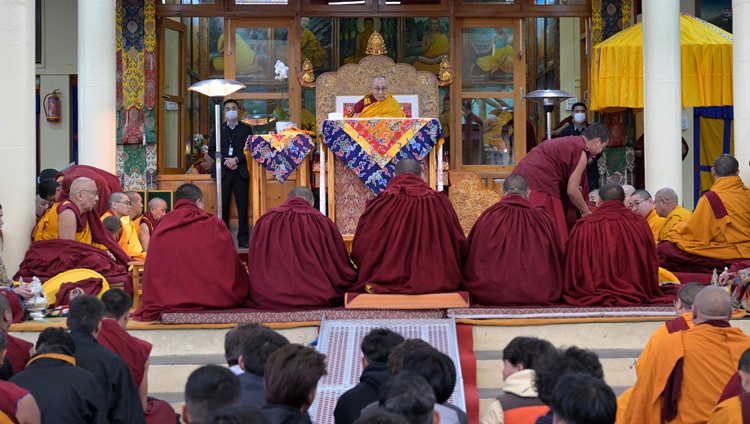 A view of the stage during the His Holiness the Dalai Lama's teaching at the Main Tibetan Temple courtyard in Dharamsala, HP, India on February 24, 2024. Photo by Ven Zamling Norbu