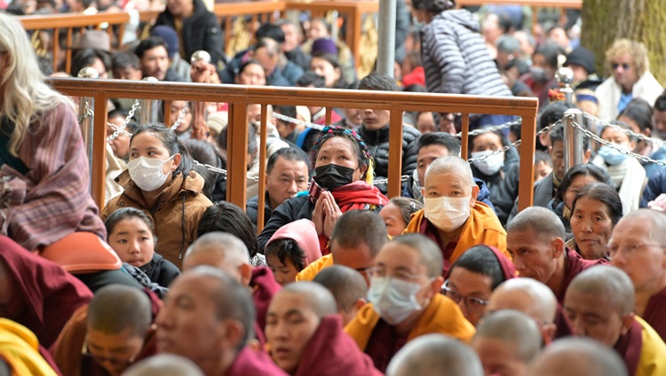 Members of the crowd listening to His Holiness the Dalai Lama teaching at the Main Tibetan Temple courtyard in Dharamsala, HP, India on February 24, 2024. Photo by Ven Zamling Norbu