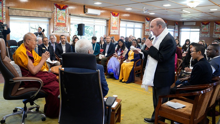 Chancellor of the University of Colorado, Philip P DiStefano, opening the meeting with His Holiness the Dalai Lama and young leaders taking part in the Dalai Lama Fellows program along with accompanying guests at His Holiness's residence in Dharamsala, HP, India on March 20, 2024. Photo by Ven Tenzin Jamphel