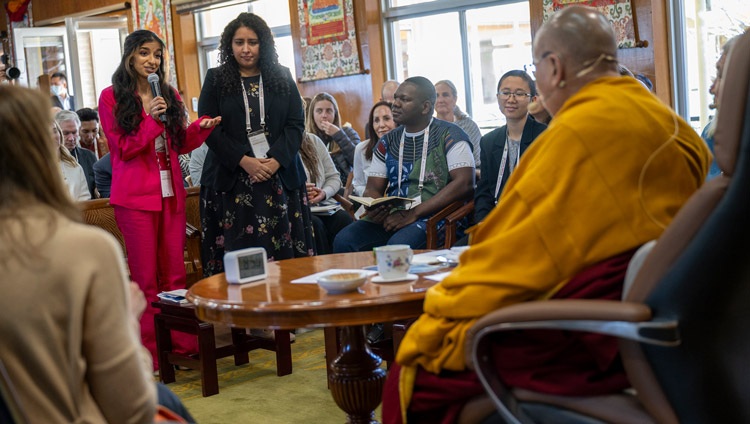 Young leaders taking part in the Dalai Lama Fellows program asking His Holiness the Dalai Lama a question during their meeting at his residence in Dharamsala, HP, India on March 20, 2024. Photo by Ven Tenzin Jamphel