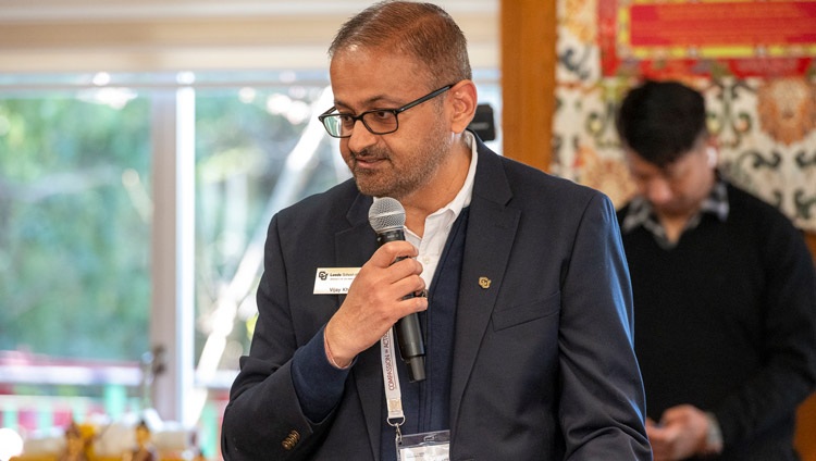 Vijay Khatri delivering his closing remarks during the meeting with His Holiness the Dalai Lama and young leaders taking part in the Dalai Lama Fellows program along with accompanying guests at His Holiness's residence in Dharamsala, HP, India on March 20, 2024. Photo by Ven Zamling Norbu