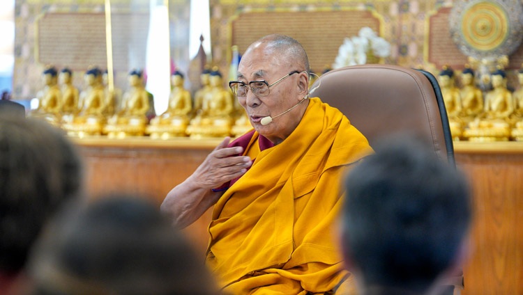 His Holiness the Dalai Lama answering questions on the second day of conversation about leadership with a group of Dalai Lama Fellows at his residence in Dharamsala, HP, India on March 21, 2024. Photo by Ven Tenzin Jamphel