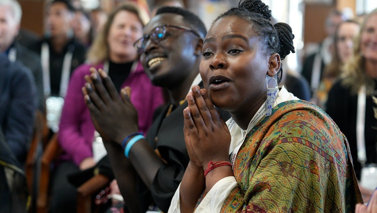  Members of the audience listening to His Holiness the Dalai Lama on the second day of conversation about leadership with a group of Dalai Lama Fellows at his residence in Dharamsala, HP, India on March 21, 2024. Photo by Ven Tenzin Jamphel