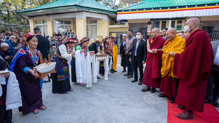 His Holiness the Dalai Lama being offered a traditional welcome as he makes his way to the Main Tibetan Temple in Dharamsala, HP, India to attend a Long Life Prayers on April 3, 2024. Photo by Ven Temzin Jamphel