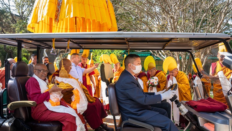 His Holiness the Dalai Lama and Most Venerable Dr. Waskaduwe Mahindawansa Maha Nayaka Thero riding a golf cart to the meeting room at his residence in Dharamsala, HP, India on April 4, 2024. Photo by Tenzin Choejor