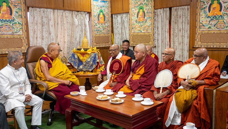 His Holiness the Dalai Lama meeting with the delegation that came to offer the relic of the Buddha at his residence in Dharamsala, HP, India on April 4, 2024. Photo by Tenzin Choejor