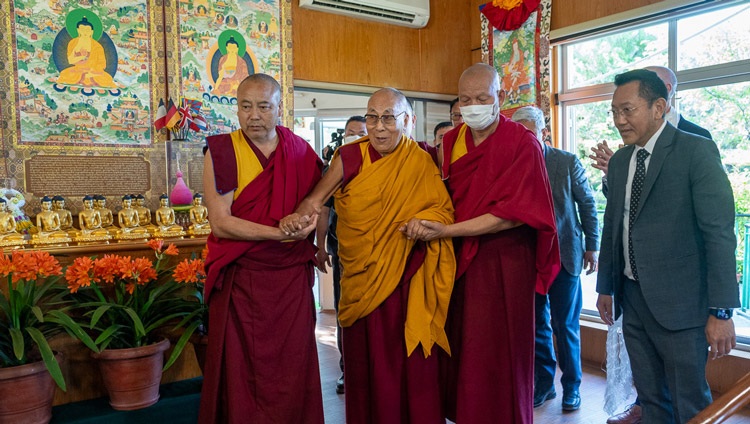 His Holiness the Dalai Lama arriving for his discussion with groups from Harvard University at the meeting room at his residence in Dharamsala, HP, India on April 8, 2024. Photo by Tenzin Choejor