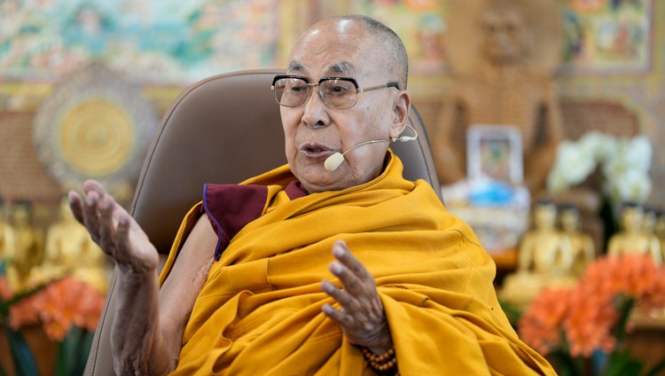 His Holiness the Dalai Lama speaking on the second day of discussion with groups from Harvard University at the meeting room at his residence in Dharamsala, HP, India on April 9, 2024. Photo by Tenzin Choejor